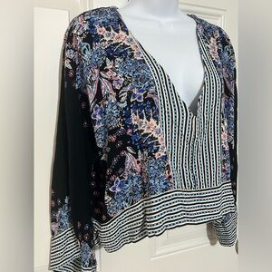 Free People Floral Striped V-Neck Blouse - Black and Blue